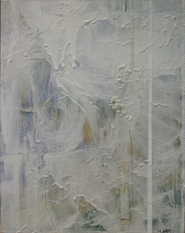 This small piece has an encaustic appearance with depth created by subtle use of white.  The layers of white give an atmospheric appearance.